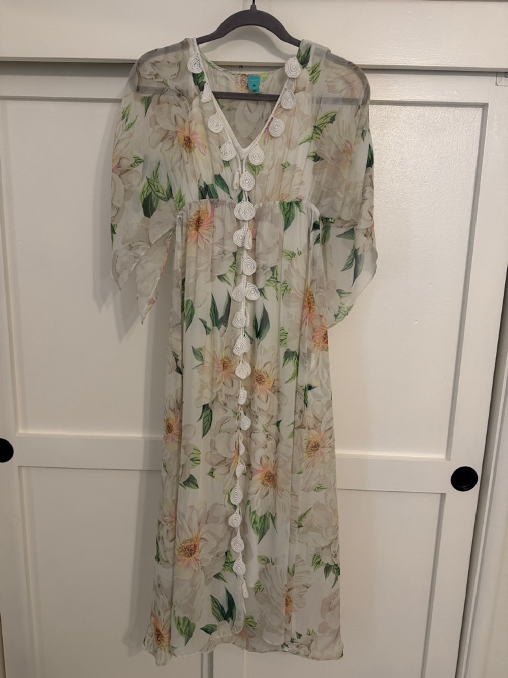 FARM Rio White Floral Sheer Dress with Green Leaves